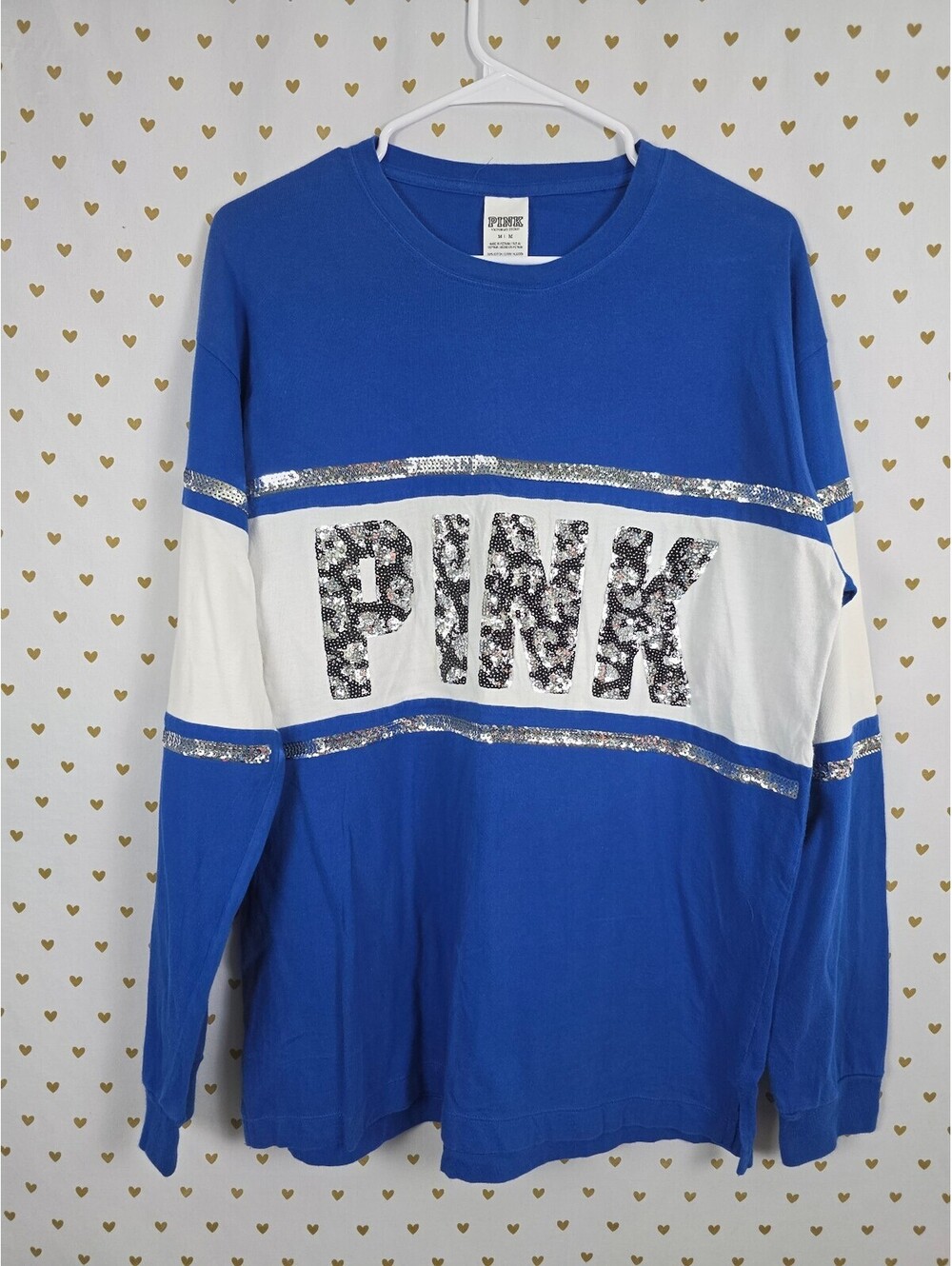 Victorias Secret PINK Cheetah Bling Sequined Long sleeve Colorblock Blue Tee M